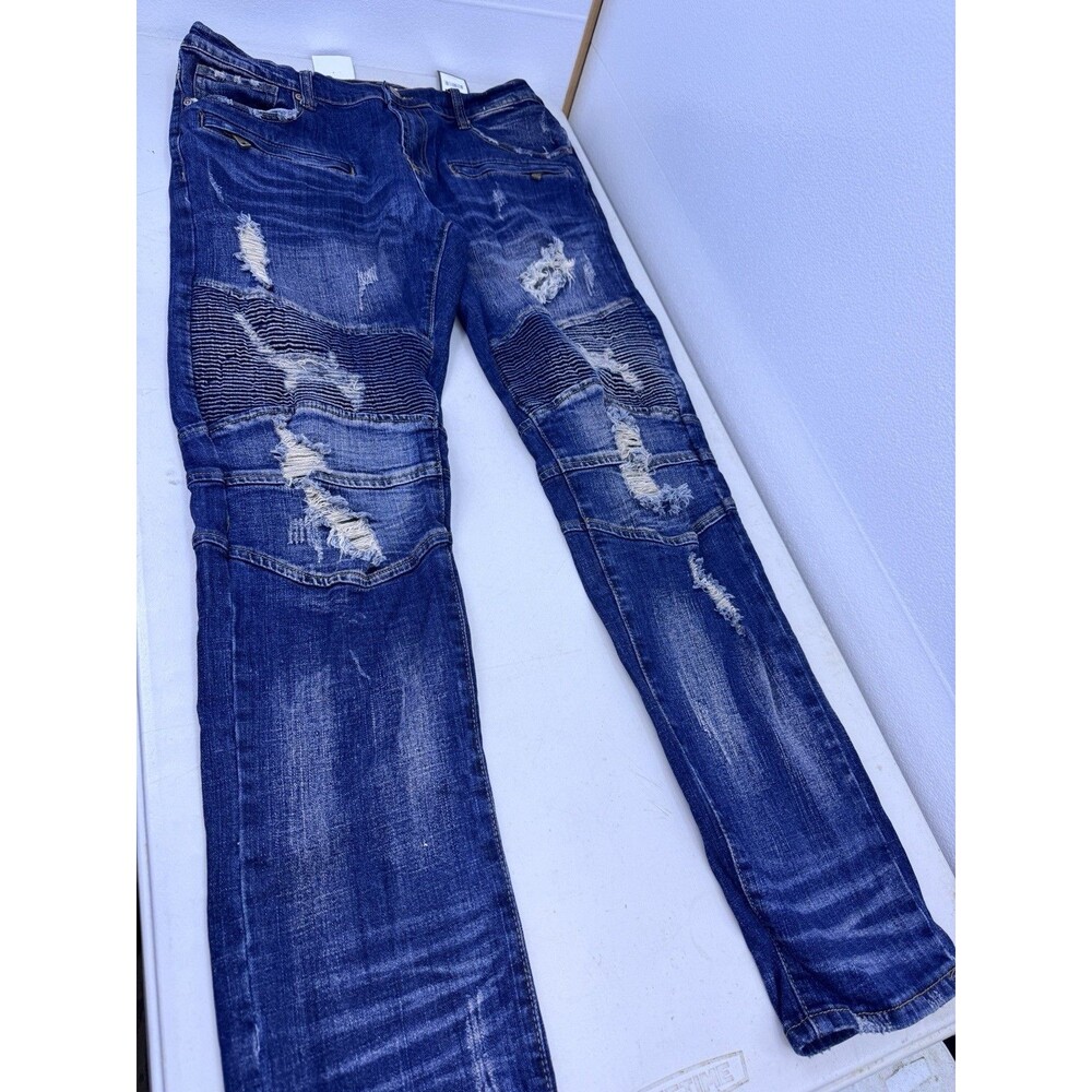 PREME Distressed Stone Washed Moto Jeans Men's Size 38X34 Blue Grunge Rock NWT